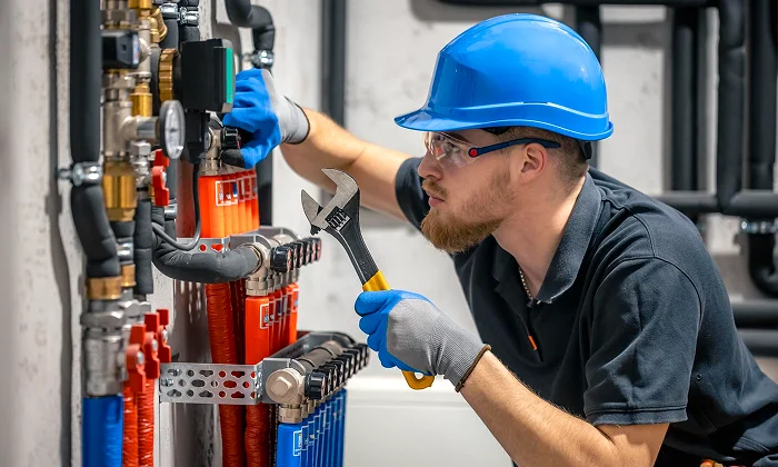 A technician in a hard hat using a wrench to service an industrial pipe system