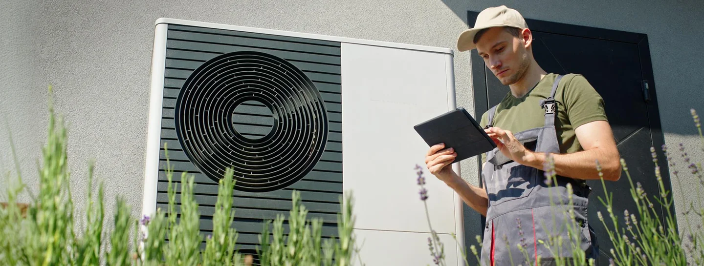 A technician checking a tablet while inspecting an outdoor heat pump unit