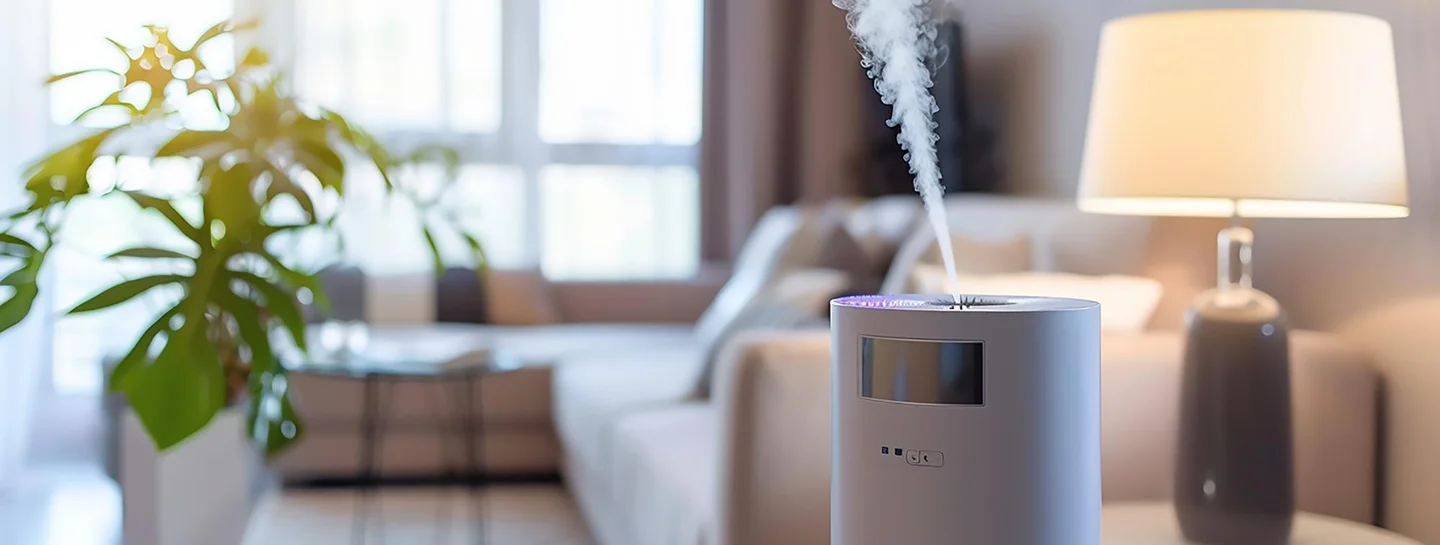 A humidifier releasing mist in a bright modern living room